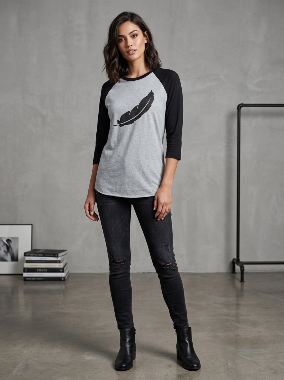 Heather Gray and Black Feather Raglan Tee